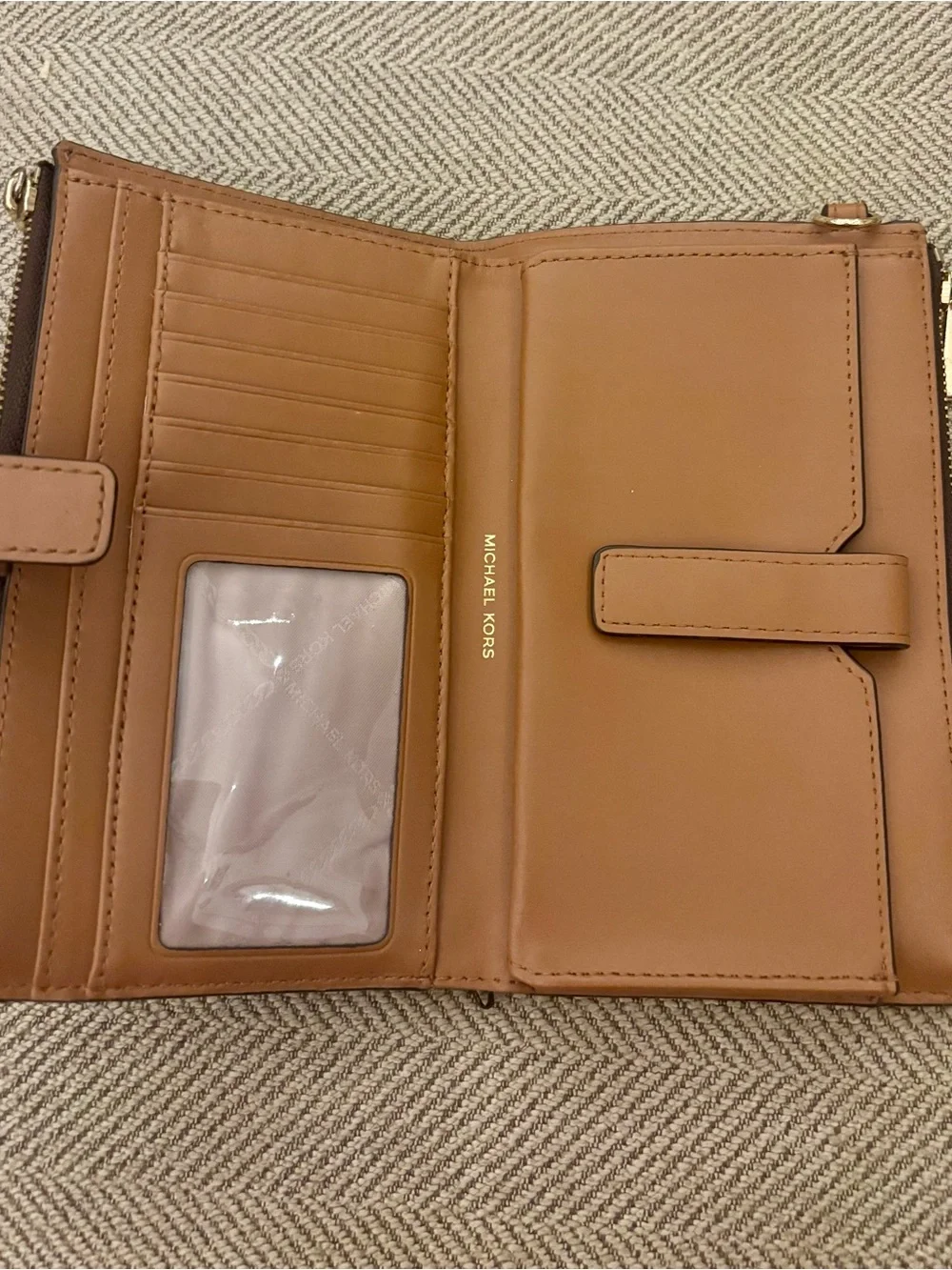 Michael Kors Brown MK Monogram Studded Zip Wallet with Gold Hardware